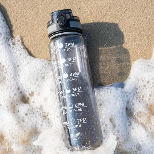 OLDLEY Water Bottle, 32oz Motivational Sports Water Bottle with Time Marker - Times to Drink - Tritan, BPA Free, Wide Mouth Leakproof,Smoke Grey - color: Smoke Grey