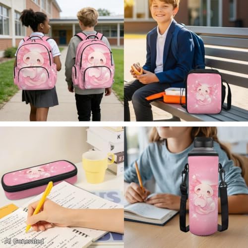 Cute Axolotl Backpack for Girls Boys Backpack with Lunch Box Water Bottle Pouch and Soft Pencil Case 4PCS Set Cute Bookbag with Side Pocket 17" Large School Bag Kids Back to School Gifts - color: Cute Axolotl