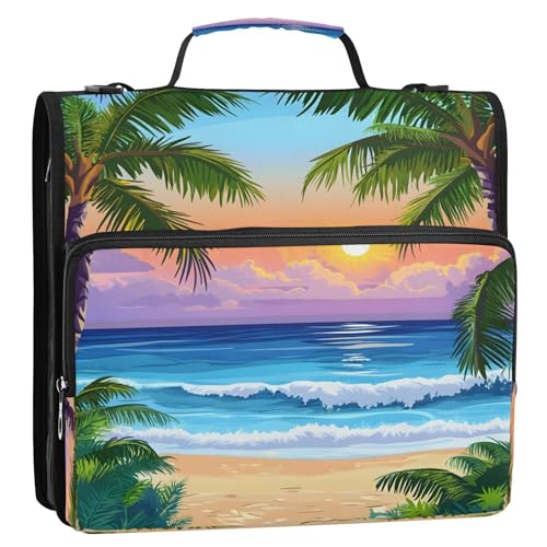 3 Ring Zipper Binder Summer Ocean Beach Sunrise Sunset Binders Bag with Shoulder Strap 500 Sheets Paper Organizer Trapper Keeper Documents Storage File Folder for School Office - color: A1128
