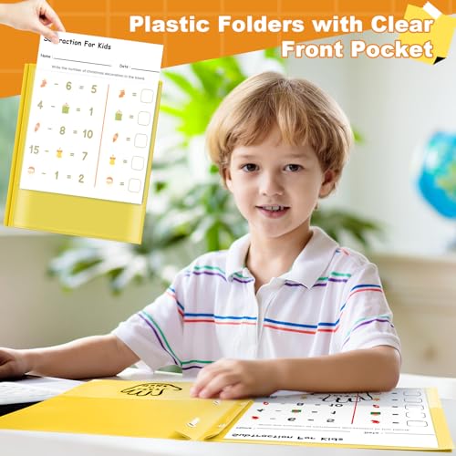 Henoyso 24 Pcs Plastic Folders with Clear Front Pockets and Prongs School to Home File Organizer Plastic Folder for Back to School Parent Teacher Communication Homework Office (Yellow) - color: Yellow