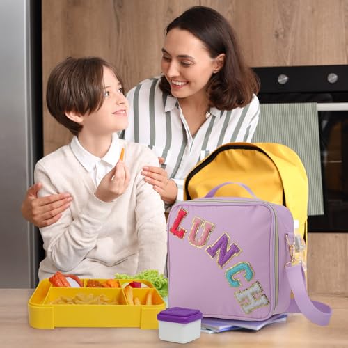 Ziliny Lunch Box Kids with Insulated Lunch Bag, 45 oz Bento Box for Boys Girls,Large Nylon Preppy Lunch Bag with Adjustable Shoulder Strap Reusable Bento Box for School Picnic(Purple,Purple Yellow)