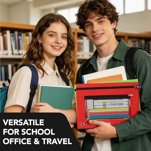 3 Ring Pencil Pouch for Binder, 2-Pocket Zipper Pencil Case with Clear Window & Mesh Pocket, 600D Oxford Fabric Binder Pouch for School Office Supplies, Fits Standard 3-Ring Binders, Red - color: Red