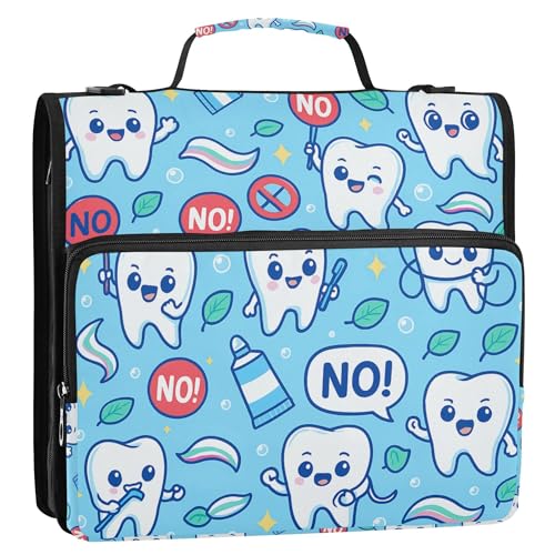 Dental Health Cartoon Teeth Blue Office Binder Organizer with Shoulder Strap Waterproof 1.5 Inch 3 Rings Pencil Bags Portfolio Binder Documents Files Organizer - color: Dental Health Cartoon Teeth Blue