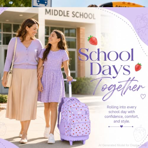 3Pcs Rolling Backpack for Girls, School Roller Bookbag with Wheels, Strawberry Wheeled Backpacks Set for Women (Purple) - color: Purple Strawberry