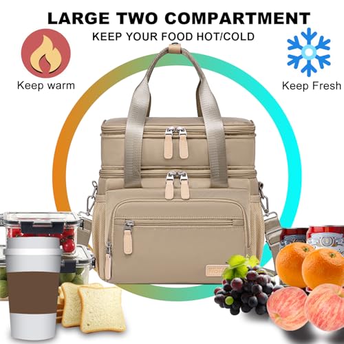 Weitars Insulated Lunch Box for Women Men-Dual Compartment Waterproof Reusable Large Lunch Bag Wide-Open Tote Cooler Bag For Working Picnic Hiking (15L) (Kahki) - color: Kahki