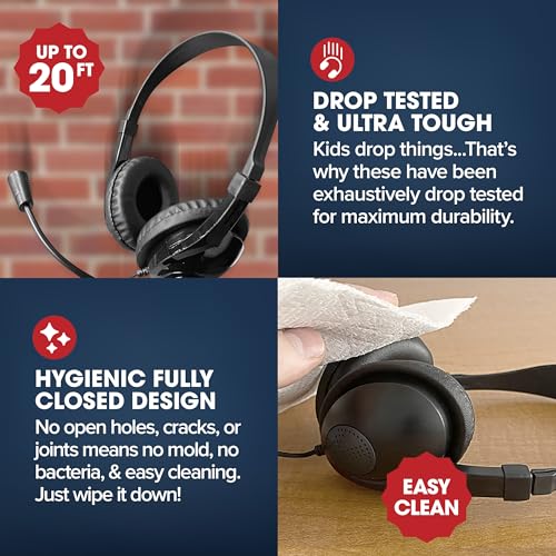 SENTRY Bulk 8 Pack Rugged School Headphones, 3.5 mm Jack with Boom Mic Connection, Durable for Kids, Students, Teachers, Classrooms, Braided Cable, for Online Learning