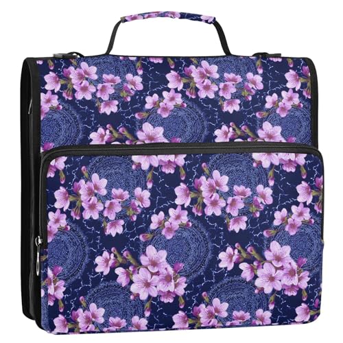 3 Ring Zipper Binder Purple Cherry Blossoms Binders Bag with Shoulder Strap 500 Sheets Paper Organizer Trapper Keeper Documents Storage File Folder for School Office - color: A423