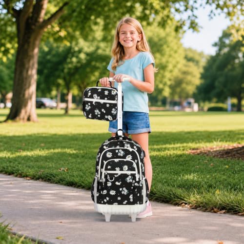 DIGOBAY Rolling Backpack for Girls, Cute Girls Backpack with Wheels, Kids Wheeled backpacks Set with Lunch Bag Pencil Case for Teen Girl, Roller School Bag with Wheels for Elementary Middle School - color: Black Daisy