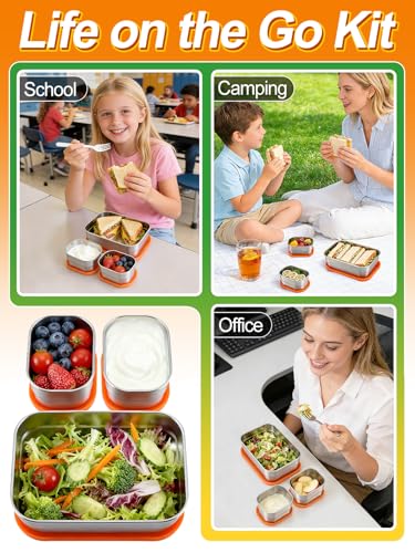 Alphatool 3pcs Leakproof Stainless Steel Lunch Box - Portable 8oz Snack Containers & 24oz Bento Box with Silicone Lids for Daycare School Office Camping Picnic, Dishwasher safe
