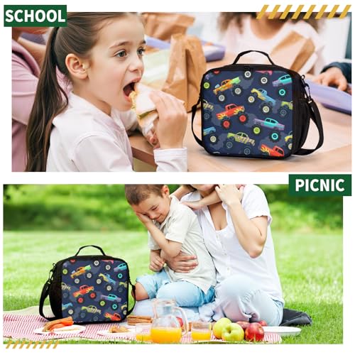 Monster Trucks Lunch Box for Boys Girls Toy Cars Pattern Lunch Bag with Shoulder Strap for Kids Teens Durable Large Capacity Insulated Lunchbox Thermal Meal Bag for School Picnic - color: A-Monster Trucks