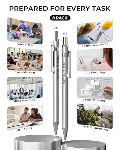 8PCS Metal Mechanical Pencil Set, 0.5mm & 0.7mm, Pack with Storage Case | 480 Leads, 3 Erasers+9 Refills, for School Writing, Sketching, Art Drawing & Professional Drafting - style: 8PCS 0.5 +0.7 mm