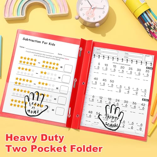 Henoyso 48 Pcs Plastic Folders with Clear Front Pockets and Prongs School to Home File Organizer Plastic Folder for Back to School Parent Teacher Communication Homework Office (Red)