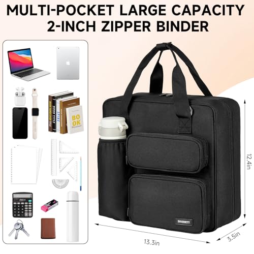 Zipper Binder 3 Ring, 500 Sheets Capacity, Binder 2 Inch with Shoulder Strap Fits 13 Inch Laptop for School and Office,Black - color: Black