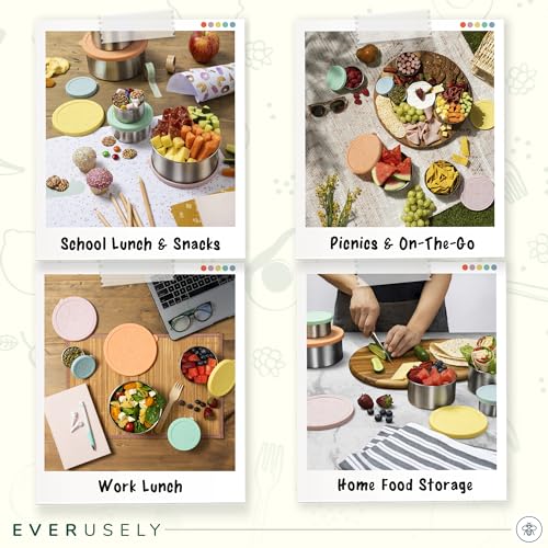Stainless Steel Food Containers, Metal Lunch Boxes, Set of 5, Bright | Everusely lunch containers feature colorful lids and offer durable utility for snacks, meal prep, and food storage. - color: Bright