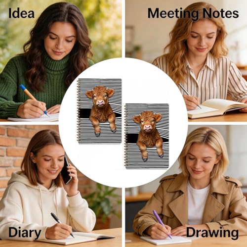 2 Pcs Funny Highland Cow A5 Spiral Notebook 160 Pages, Cow Gifts for Women | Cute Cows Themed Journal Notebook, College Ruled Spiral Notebooks, Hardcover Journals for Writing Office, School Supplies - color: Multicolour 0033