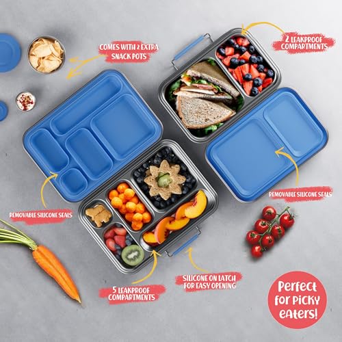 AOHEA Stainless Steel Bento Box Kids, Kids Metal Bento Lunch Box BPA Free Lunch Box Containers 304 Stainless Steel Bento Box for School and Office(Bule) - color: Blue-05