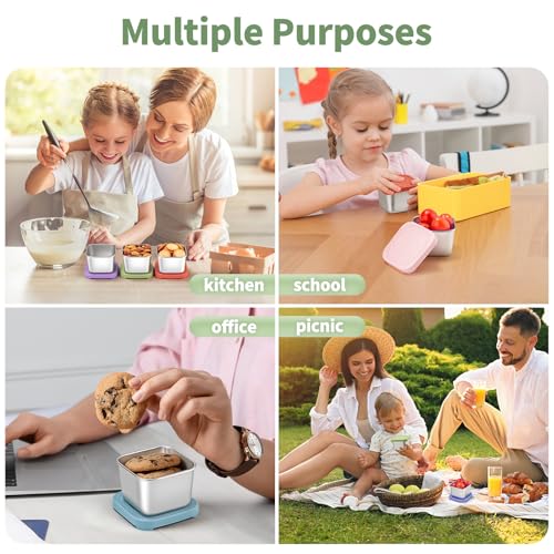 SANEXC 6 Oz Stainless Steel Snack Containers for Kids - 6 Pack Metal Food Containers with Lids Silicone Easy Open 100% Leak Proof BPA Free Reusable Baby Lunch Box for Daycare Travel and Office