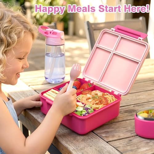 HOMEKOL Bento Lunch Box Set for Kids, Pink | with Stainless Steel Insulated Food Jar, Plastic Water Bottle, Bag and Silicone Spoon and Fork for Boys Girls - color: Pink