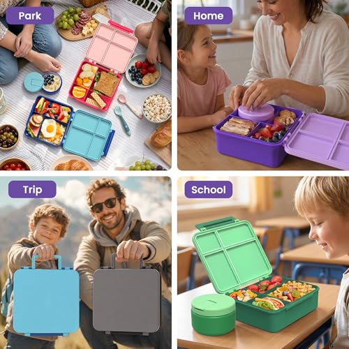 LOHASOK Bento Lunch Box Kids with 8oz Soup Thermo, Leak-Proof Lunch Containers with 4 Compartment, Thermo Hot Food Jar and Insulated Lunch Box for School Purple - color: Purple
