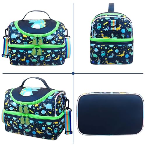 RHCPFOVR Kids Lunch Bag - Double - Decker Cooler Insulated Lunch Box for Boys Girls,Washable Lunch Bag with Strap and Reusable Toddler Lunchbox for School and Daycare - color: Dark Blue Dinosaur