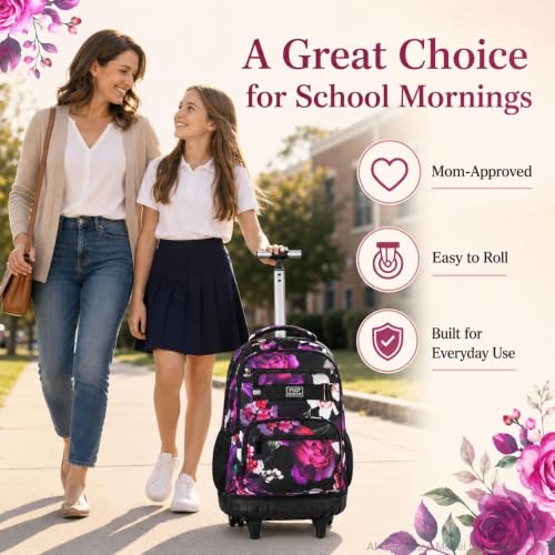 3Pcs Rolling Backpack for Girls, 19 Inche Rose Roller Bag with Wheels, Adults Wheeled Bookbag Set for Women(Black) - color: Rose Black02