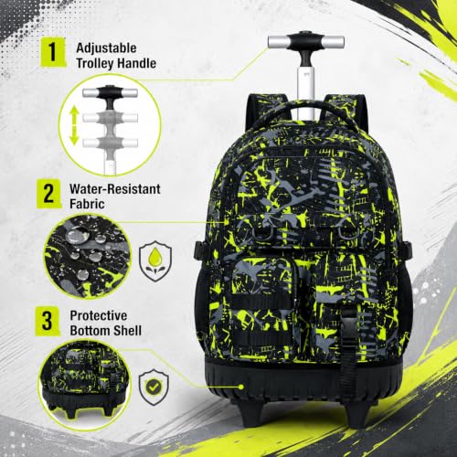 CCJPX 3Pcs Rolling Backpack for Boys, Roller Wheeled School Bookbag, Graffiti Wheels Backpacks with Lunch Box for Kids (Green) - color: Graffiti Green