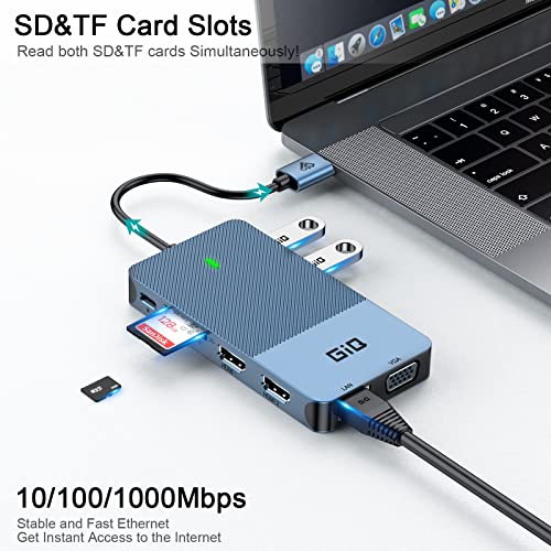 USB Docking Station GIQ USB C HUB USB 3.0 to Dual HDMI VGA Adapter Triple Display USB C Laptop Docking Station Dual Monitor HDMI Splitter Extender Compatible with MacBook M1 M2 M3 M4 M5 USB Dock - color: blue