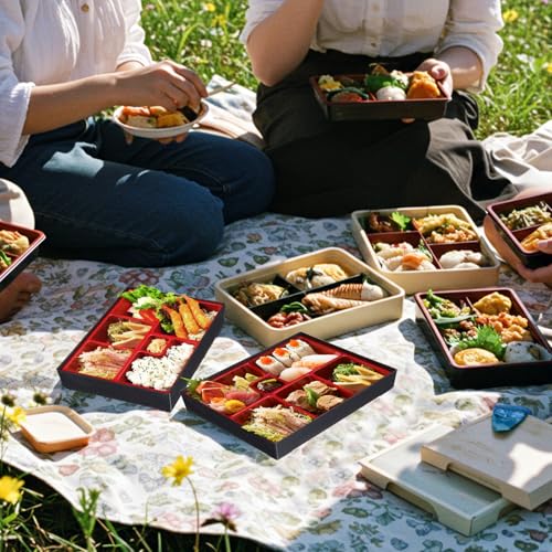 Teenyyou 4 Pcs 12 x 9.5 x 2.2 inches Japanese Bento Box Adult 6 Compartments Divided Japanese Food Presentation with Greaseproof Restaurant Bento Tray Sushi Tray Gift for Sushi Home Restaurant - style: 6 Compartments