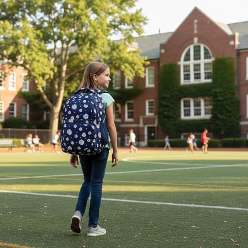 Glodwheat Daisy Printed Backpack For Girls- 3Pc Set With Lunch Box & Pencil Case, Lightweight Water-Resistant Bookbag For Elementary School - color: Navy