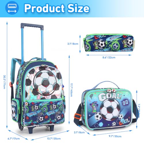 Kids Backpack for Boys with Lunch Box, Rolling Backpack with Wheels, Cute Soccer Kids Roller Elementary SchoolBag Middle-School Bookbag Back to School Gift - color: L23. Soccer
