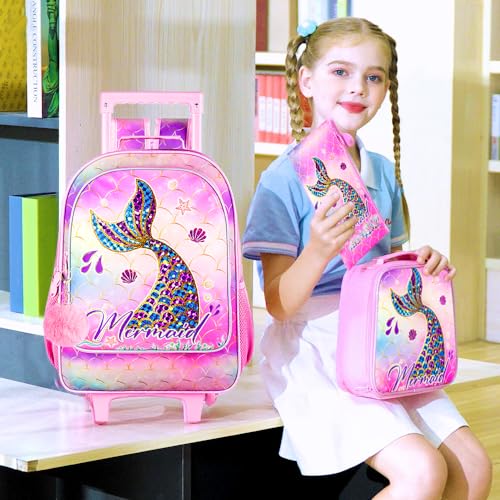 HPJGD 3PCS Mermaid Rolling Backpack for Girls, Kids School Backpacks with Wheels, Water Resistant UV Printed Roller Wheeled Bookbag Set with Lunch Box - color: 3PCS Mermaid Rolling Backpack