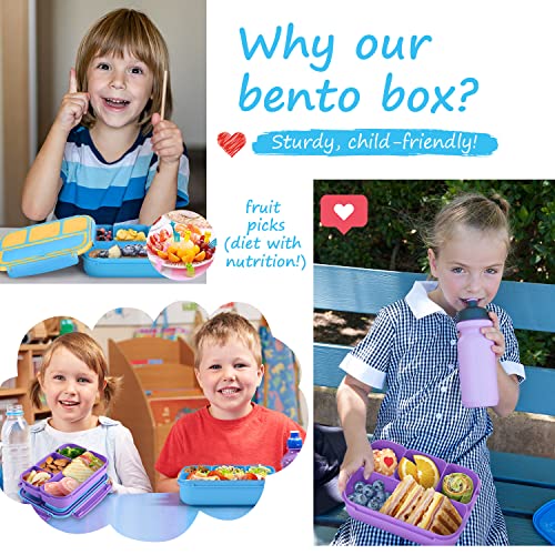 QQKO Bento Lunch Box for Kids Girls Boys, Toddler Kids Lunch Boxes for School, Lunch Containers for Adults with 4 Compartments, Sauce Container, Utensils, Food Picks and Muffin Cups, Blue - color: Blue