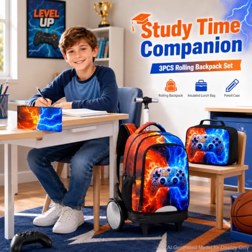 AGSDON Quiet Rolling Backpack with Lunch Box Set – Large‑Wheel Water‑Resistant Wheeled Bag for School, Outings, and Travel | Fire-Lightning Gaming 3‑Piece Organizer Backpack - color: Big Wheel Rolling Backpack Fire-lightning Gaming