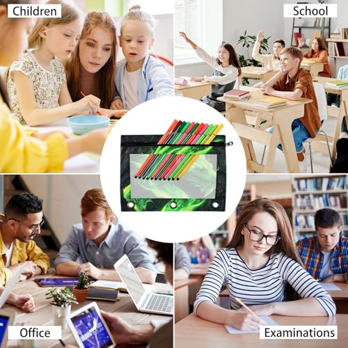 Kcldeci Pencil Pouch for 3 Ring Binder, Green Fire Head of Dragon 2 Pack Binder Pencil Pouch with Clear Window Pencil Bags with Zipper Pencil Case for Binder - color: B05