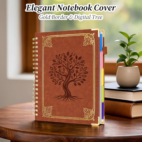 Hardcover Spiral Notebook Journal with Removable Dividers Tabs, 5 Subject Notebooks for Work School, 300 pages 8"x10" B5 leather Journal College Ruled, Cute Journal for Women Men, Brown - color: Brown