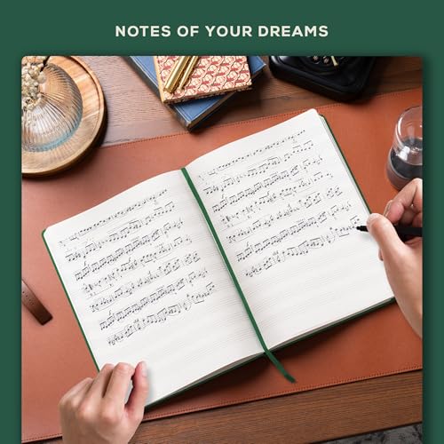 Beechmore Books Blank Sheet Music Notebook – A4 8.5"x11.5" for Songwriters, Musicians & Composers, 156 Thick 120gsm Pages, 10-Staff Perforated Sheets, Vegan Leather Hardcover, Elastic Closure, Gift Box - color: Dartmouth Green