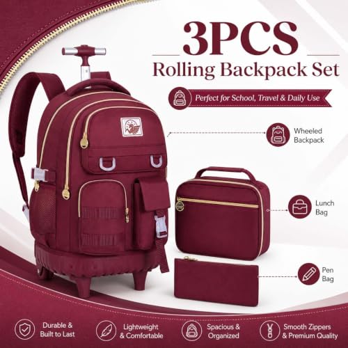 CCJPX Rolling Backpack for Girls, 21 inch Women Roller Wheels School Bookbag, Laptop Wheeled Water Resistant Wheeled Bookbag Set - Red - color: Red