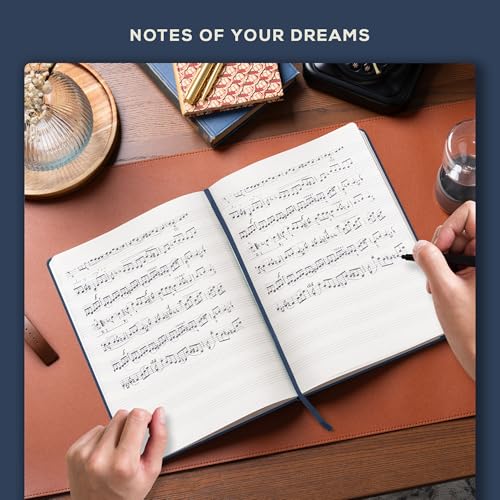 Beechmore Books Blank Sheet Music Notebook – A4 8.5"x11.5" for Songwriters, Musicians & Composers, 156 Thick 120gsm Pages, 10-Staff Perforated Sheets, Vegan Leather Hardcover, Elastic Closure, Gift Box - color: Symphony Blue