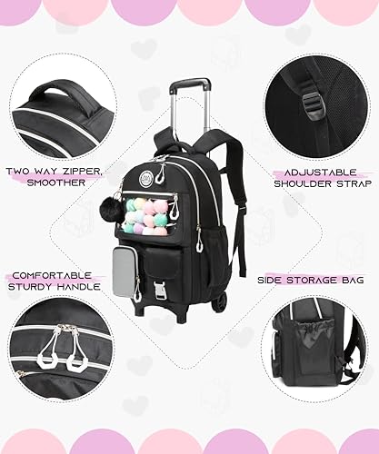 Rolling Backpack for Girls Kids Backpack with Wheels Backpacks for Elementary with Lunch Box Pencil Case Trolley (Black1) - color: Black