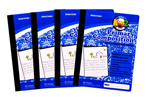 Mintra Primary Composition Notebook, 24 units 6-4 Pack, Blue Cover, 80 Sheets, 7.5in x 9.75in, 1/2 Sheet, Ruled with Drawing Area, Flexible Hardcover Journal, Grades K-2, School & Home Use - color: Primary Ruled, size: 24 units (6-4pks)