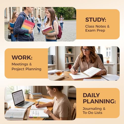 Hardcover Spiral Notebook Journal for Women & Men, Cute 5 Subject Notebook College Ruled for School & Work, Journaling Notebooks with Removable Dividers Tabs, 8" x 10", 300 Pages, Happy Stripes - color: Happy Stripes