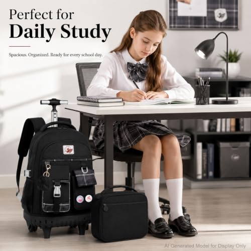 gxtvo 3PCS Rolling Backpack for Women, Girls Wheeled Bookbag with Lunch Box for Adults, Water Resistant Roller School Bag for College Teens Kids Travel - Black - color: 3pcs Set Black