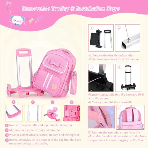 MITOWERMI Rolling Backpack for Girls Cute Trolley Bags Primary School Bookbags with Wheels Kids Carry-On Wheeled Backpack with Lunch Bag - color: 3pcs Purple 2 Wheels, style: 2 Wheels Trolley + Backpack Sets