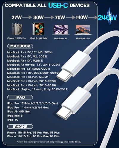 240W USB C Cable, USB C to USB C, C to C Cable Fast Charging for MacBook Pro/MacBook Air, iPad Pro/iPad Air, iPhone 16 Pro Max/ 16 15 Pro/Plus,Samsung,Compatible 140W/100W /65W/45W/35W/20W (2Pack,3ft) - color: White, size: 3.3FT