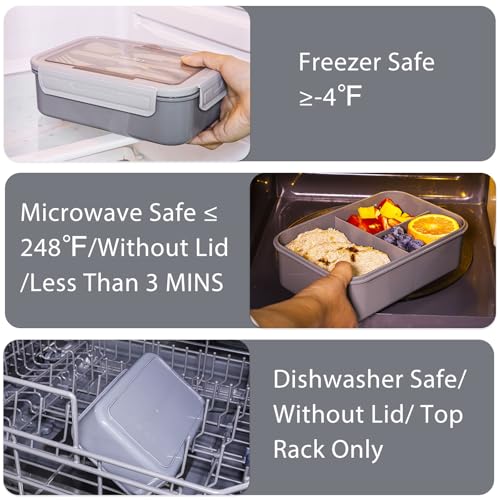 Caperci Classic Bento Box Adult Lunch Box for Older Kids - Leakpoof 47 oz 3-Compartment Lunch Containers for Adults and Teens, Built-in Utensil Set, Ideal for On-the-Go Balanced Eating, Gray - color: Gray