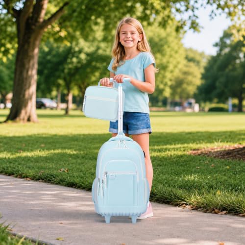 DIGOBAY Rolling Backpack for Girls, Cute Girls Backpack with Wheels, Kids Wheeled backpacks Set with Lunch Bag Pencil Case for Teen Girl, Roller School Bag with Wheels for Elementary Middle School - color: Blue