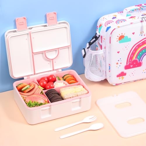 rockpapa Chill Bento Box for Kids- Large 5.5 Cups Lunch Box with Ice Pack - 5 Compartments, BPA-Free, Leak Proof, with Utensils & Portable Handle, Microwave/Dishwasher Safe (White Rainbow) - color: White Rainbow