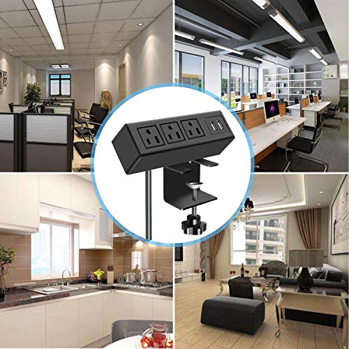 3 Outlet Desk Clamp Power Strip, Desktop Power Strip with USB Ports, Desk Mount USB Charging Power Station, on Desk Edge Power Outlet 125V 12A 1500W, 10 FT Desk Outlet Strip. (10FT, Black) - color: Black, size: 10FT