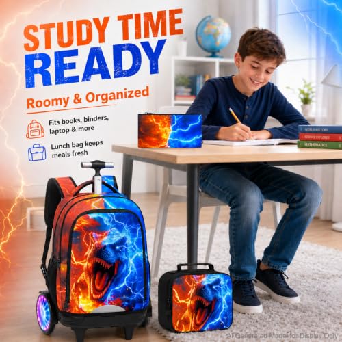 AGSDON Quiet Rolling Backpack with Lunch Box Set – Large Luminous Wheel Water‑Resistant Wheeled Bag for School, Outings, and Travel | Fire-Lightning Dinosaur 3‑Piece Organizer Backpack - color: Large Luminous Wheel Rolling Fire-lightning Dino