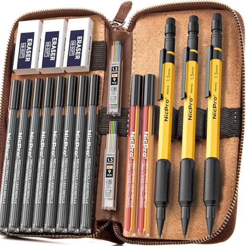 Nicpro 21PCS 1.3 mm Mechanical Pencil Set in Leather Bag with 138 Lead Refill, Eraser, Eraser Refills - Weatherproof Metal Barrel, Heavy Duty Carpenter Pencil for Outdoor Marking Drawing Woodworking - color: Yellow